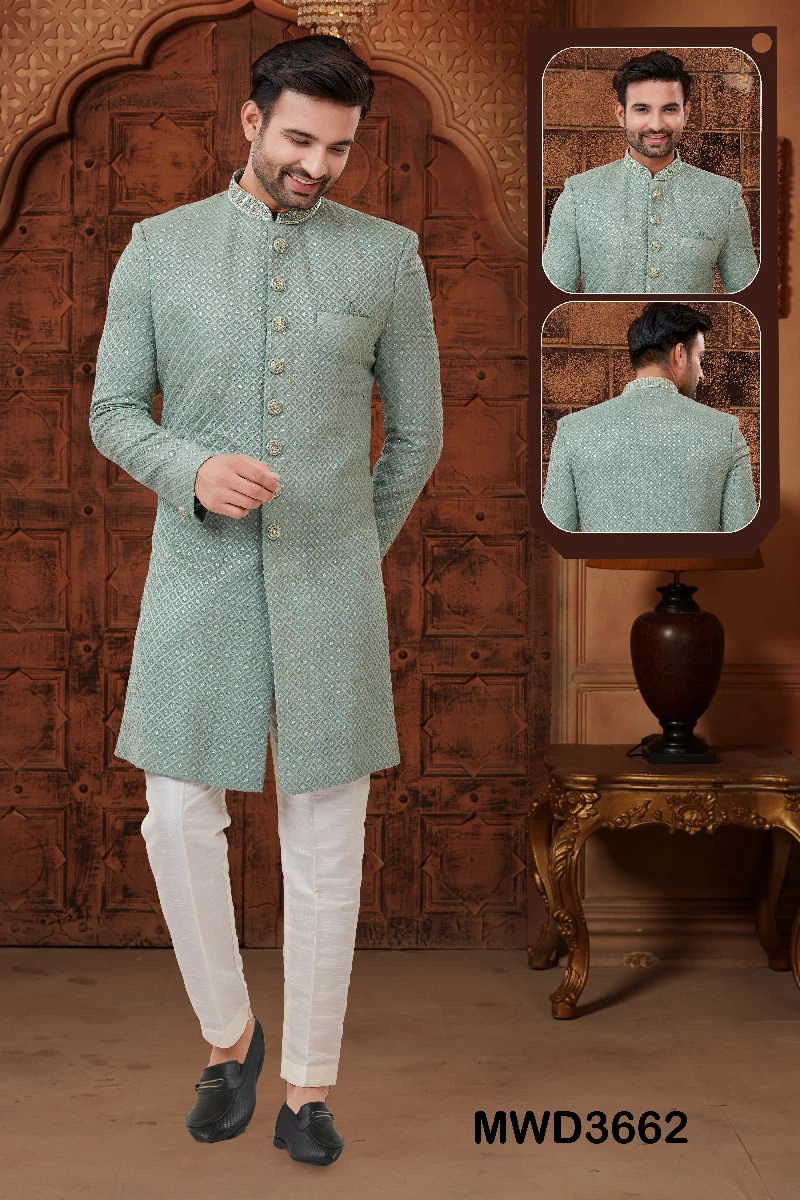 Green Chikankari Embroidered Readymade Sherwani In Georgette, 36-1.webp